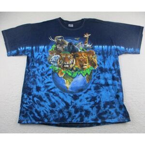Animals on Planet Earth T-Shirt Mens 2XL‎ Tie-Dye Blue Gildan Tag Lion Tiger XXL